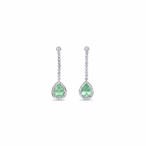 Waves Earrings by Lisa Lesunja, Platinum 950 Polish with 2 Light Green Drop Cut Emerald and 70 White Brilliants 2.62ct. (7482)