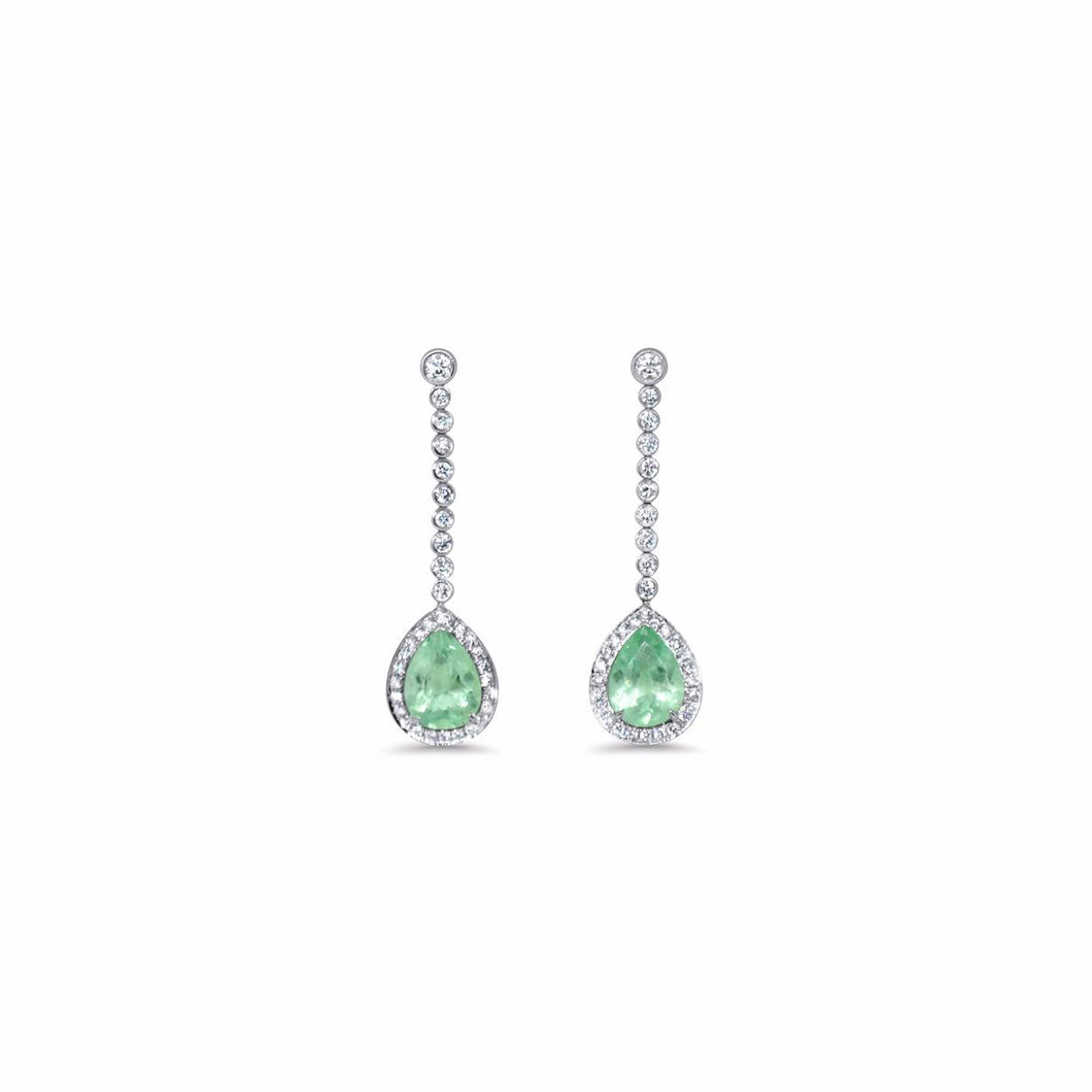 Waves Earrings by Lisa Lesunja, Platinum 950 Polish with 2 Light Green Drop Cut Emerald and 70 White Brilliants 2.62ct. (7482)