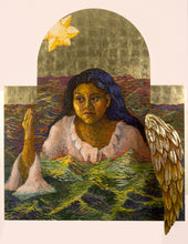 "Ave (Luisa)" by Nancy Lu Rosenheim, Handmade Egg-oil Tempera on Panel, White Gold leaf, Carved Bass Wood