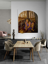 Dining room with a wooden table and chairs, featuring a large framed artwork on the wall.