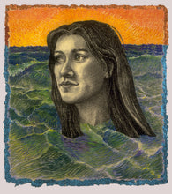 Portrait of a woman with a stylized landscape background