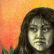 Artistic depiction of a woman with a textured orange background and green foliage.