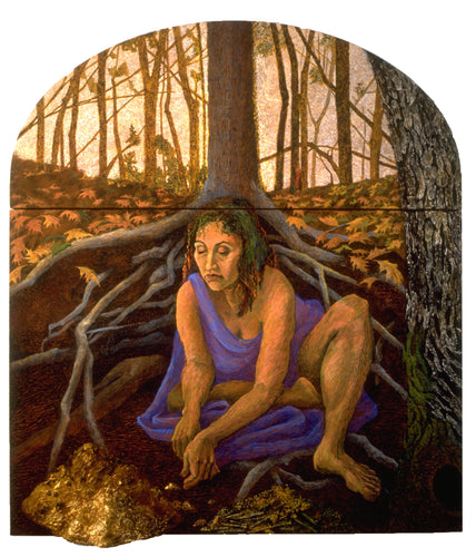 Woman in a purple garment sitting under a tree in a forest setting