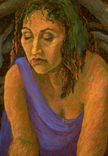 Artistic depiction of a person with a blue garment, textured style