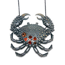 Crab Necklace Ocean by Lisa Lesunja, Blacked Silver, Fire Opals, and Turmaline (7584)