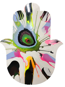 Hamsa "Spring Heat" by Perry Milou, Acrylic and Resin on Wood