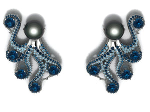 Octopus Earrings by Lisa Lesunja, White Gold 750 18K Polish with 2 Tahiti Pearls, 10 Brilliant Cut Swiss Blue Topaz 14.8ct. and 352 Brilliant Cut Paved Topaz and Sapphires 2.81ct. (7570)