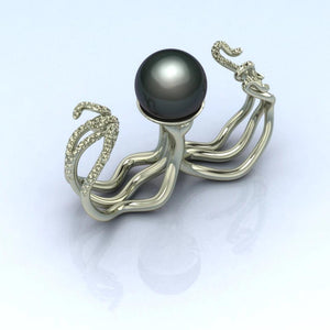 Octopus Double Ring by Lisa Lesunja, White Gold 750 18K with 1 Tahiti Pearl (7571)