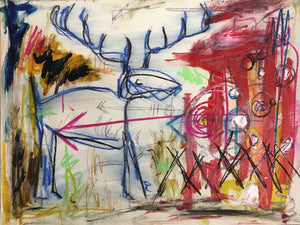 Deer Blue Chaos by Sarah Fox Wangler, Mixed Media on Paper