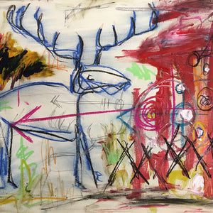 Deer Blue Chaos by Sarah Fox Wangler, Mixed Media on Paper