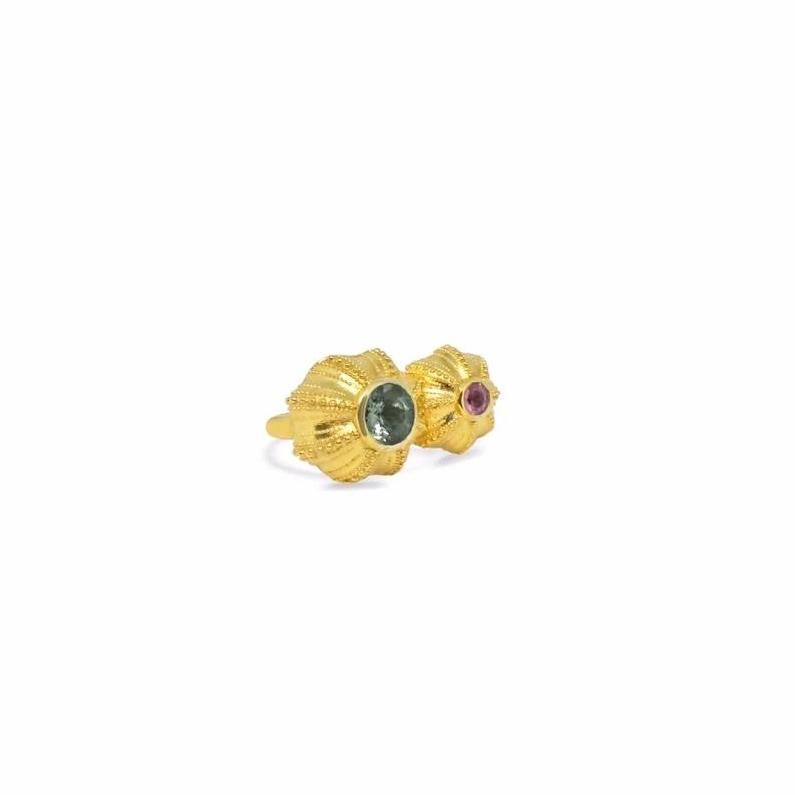 Urchins Double Ring by Lisa Lesunja, Silver 925, Gold Plated with 1 Pink and 1 Green Tourmaline 4.6ct. (7553)