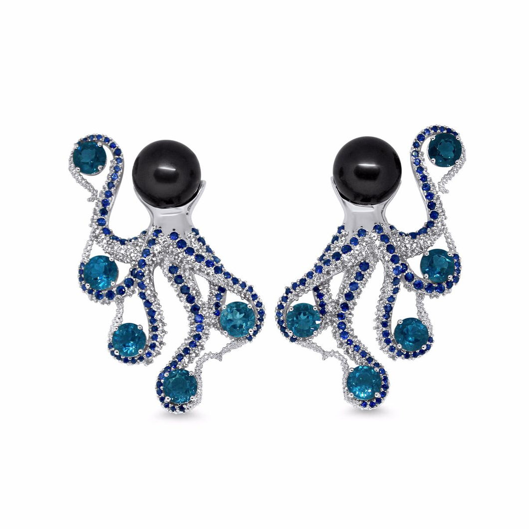Octopus Earrings by Lisa Lesunja, White Gold 750 18K Polish with 2 Tahiti Pearls, 10 Brilliant Cut Swiss Blue Topaz 14.8ct. and 352 Brilliant Cut Paved Topaz and Sapphires 2.81ct. (7570)