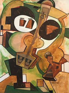 Musicians 3 with Dog/ Paint Collage by Edward Berkise, Oil on Canvas