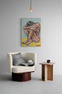 "Sitting Man in Despair" by Kacper Kucharczyk, Mixed Media on Canvas