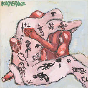 "A Tattooed Man Embraces a Red Woman" by Kacper Kucharczyk, Mixed Media on Canvas