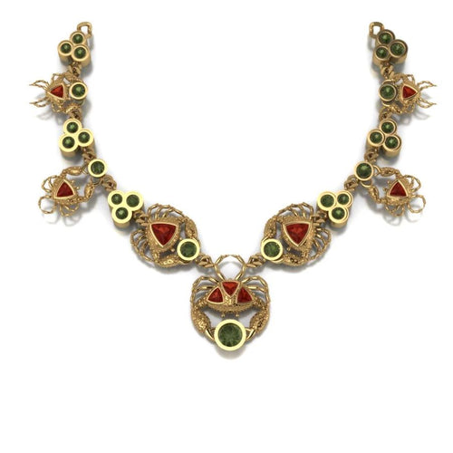Crabs Necklace by Lisa Lesunja, Yellow Gold 750 18K with 28 Green Brilliant Cut Tourmalines 12.33ct. and 9 Trillion Cut Fire Opal 5.61ct. (7578)