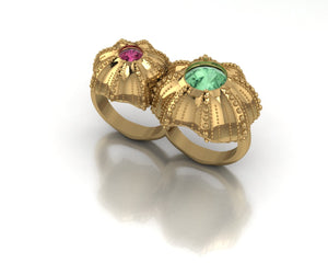 Urchins Double Ring by Lisa Lesunja, Silver 925, Gold Plated with 1 Pink and 1 Green Tourmaline 4.6ct. (7553)