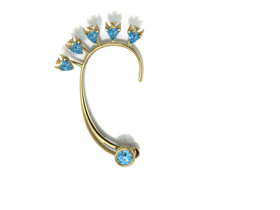 Fish Earring by Lisa Lesunja, Yellow gold 750 18K with 5 blue Trillion cut Topaz 3.5ct. and 1 Brilliant cut Swiss Blue Topaz 3.07ct. (7575)