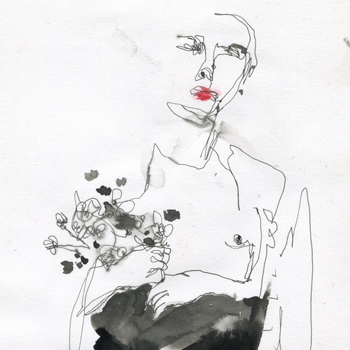 Boy with Flowers by Rebecca Russo, Drawing on Paper