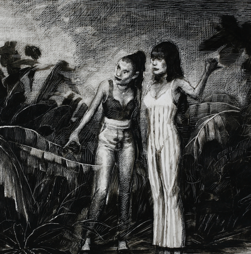 Hitch Hikers by Scott Gillis, China Ink on British Scraper Board