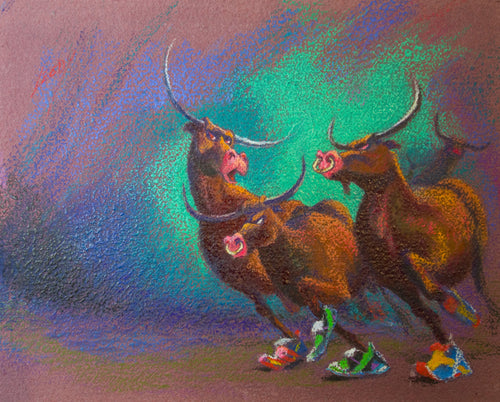 “The Market Is Turning A Corner” by Jeff Leedy, Oil pastel on mounted La Roque pastel paper