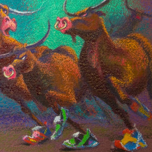 “The Market Is Turning A Corner” by Jeff Leedy, Oil pastel on mounted La Roque pastel paper