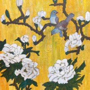 "Flowers and Bird" by Yoshihisa, Acrylic/Watercolor on Canvas