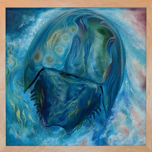 Aquatic #4 (Earth Series) by Giselle Simons, Oil Paint on Natural Horseshoe Crab Shell mounted on Wood Panel