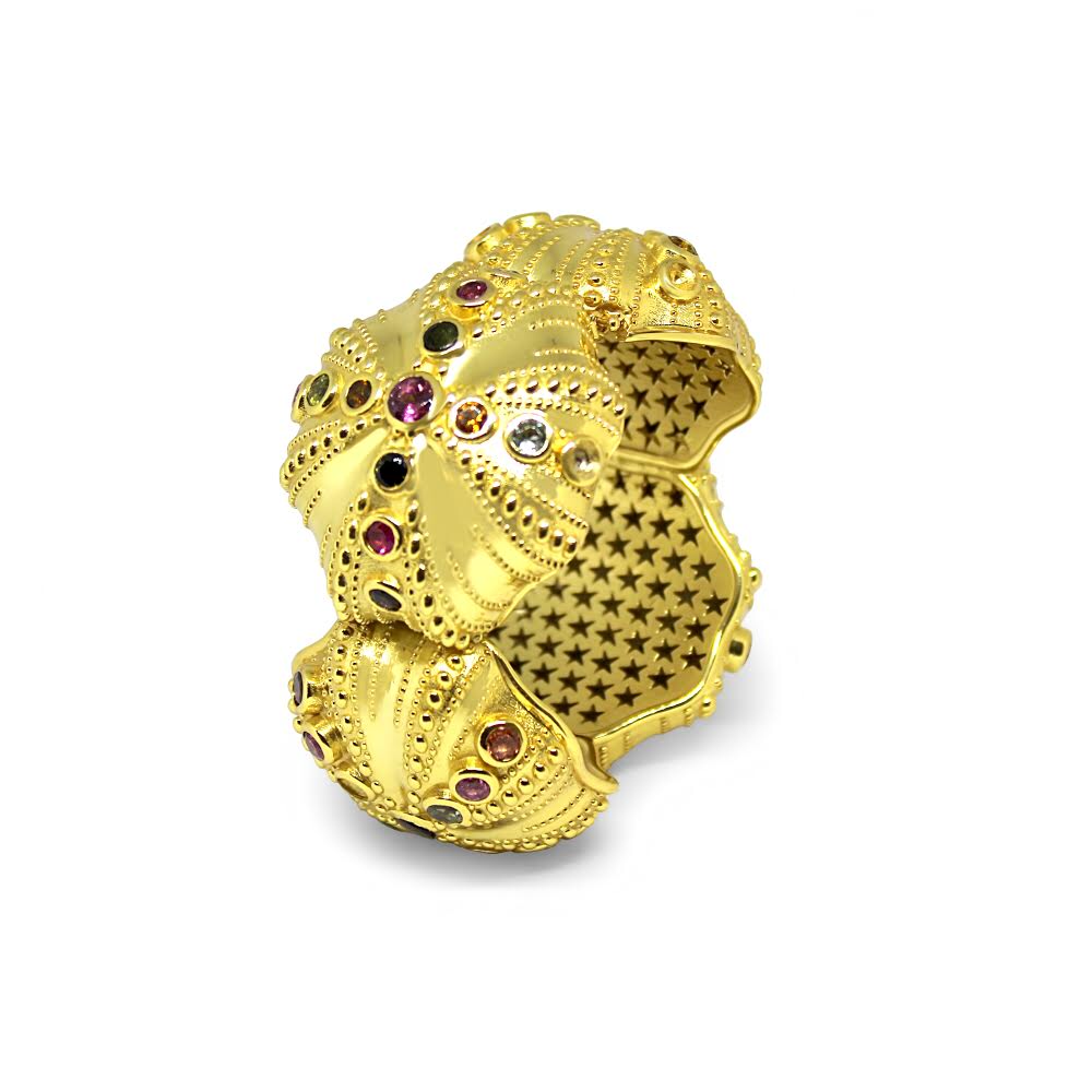Urchins Bracelet by Lisa Lesunja, Silver 925, Gold Plated with 52 Brilliant Cut Tourmaline 20ct. (7554)