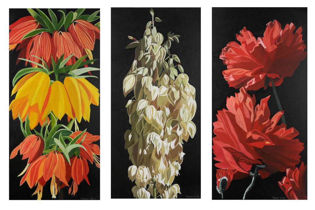Flower Triptych by Dagmar Gögdün, Oil on Canvas