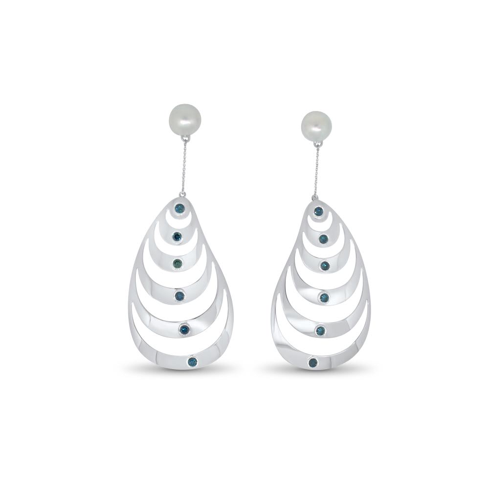 Oysters Earrings by Lisa Lesunja, White Gold 750 18K with 12 Blue Brilliant Cut Diamonds 1.42ct. and 2 South Sea Pearls (7550)