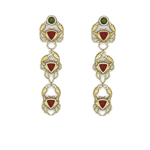 Crabs Earrings by Lisa Lesunja, Yellow Gold 750 18K with 2 Green Brilliant Cut Tourmaline 1.72ct. and 6 Trillion Cut Fire Opal 3.58ct. (7579)