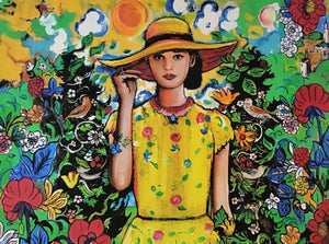 The Girl in the Yellow Hat by T. White, Mixed Media on Wood Panel