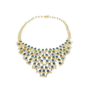Fish Necklace by Lisa Lesunja, Yellow gold 750 18K is with 73 Trillion cut Swiss Blue Topaz 71.19ct. and 126 white Brilliants 4.2ct. (7577)