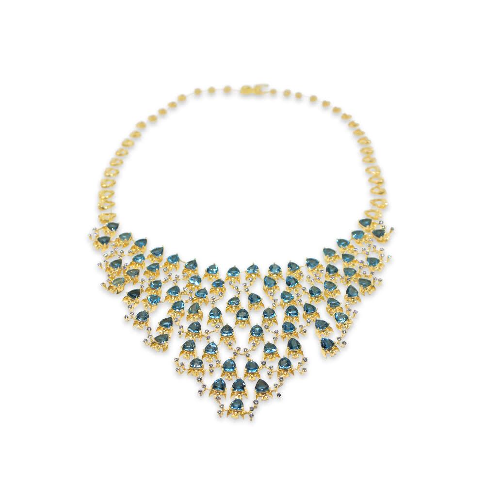 Fish Necklace by Lisa Lesunja, Yellow gold 750 18K is with 73 Trillion cut Swiss Blue Topaz 71.19ct. and 126 white Brilliants 4.2ct. (7577)