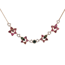 Seastars Necklace by Lisa Lesunja, Rosé Gold 750 18K with 1 Green Brilliant Cut Tourmaline 0.17ct. 21 Pink Trillion Cut Tourmaline 12ct. and 90 White Brilliants 0.18ct. (7558)