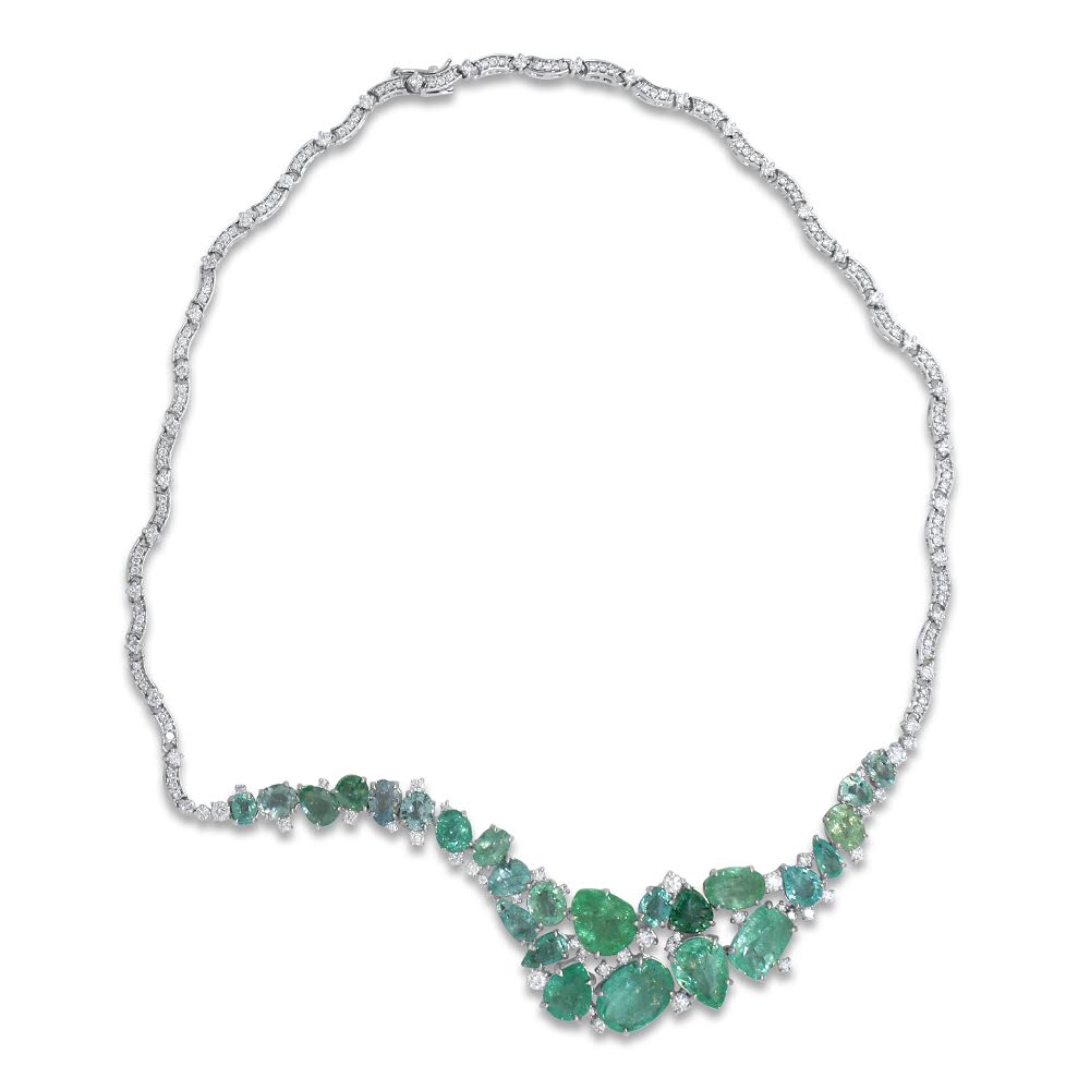 Waves Necklace by Lisa Lesunja, White Gold 750 18K with 25 Paraiba Tourmaline 28.4ct. and 207 White Brilliants 4.98ct. (7521)