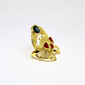 Crab Double Ring by Lisa Lesunja, Silver 925 Gold Plated 3 Fire Opals 4.8ct. and a Blue Topas 8.05ct. (7593)