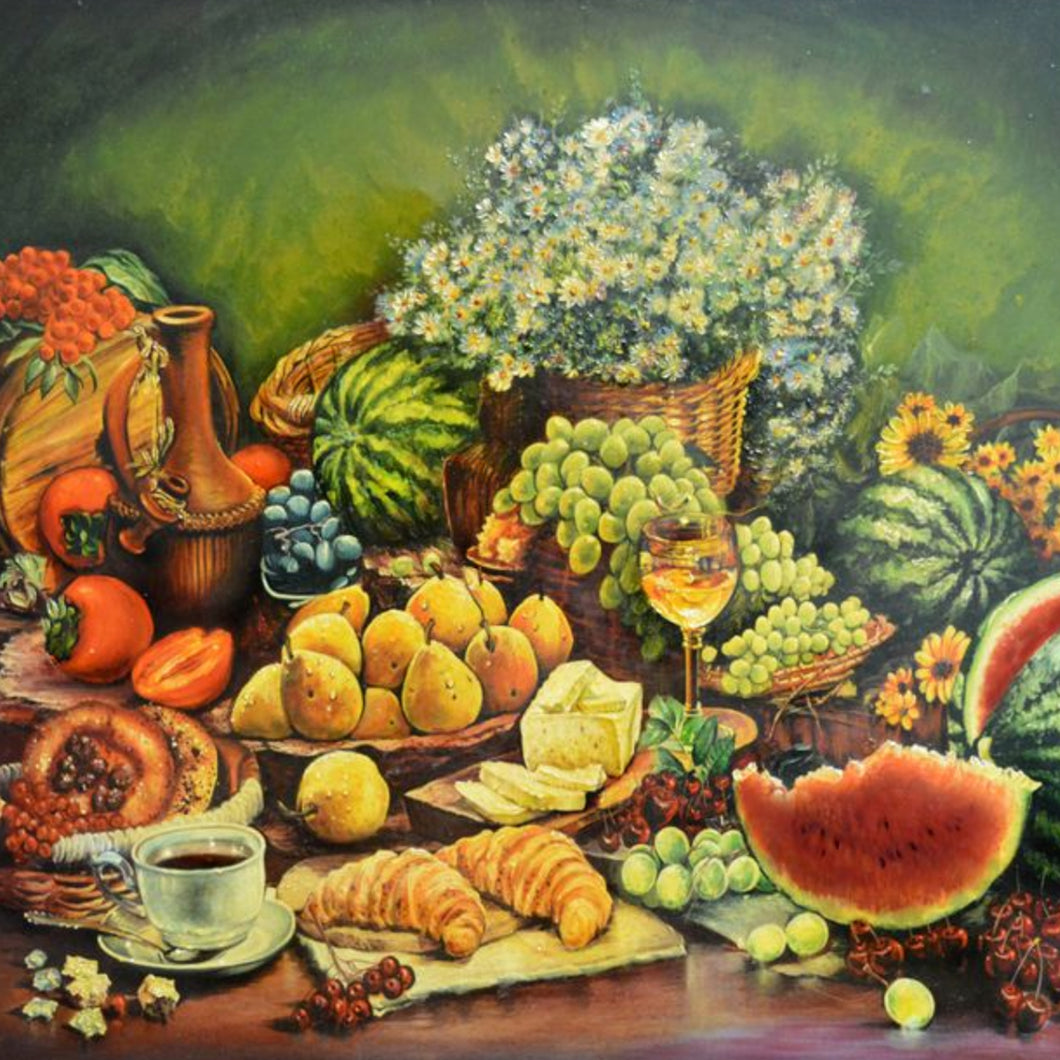 Still Life with Watermelon, Grapefruit, Pear, Croissant, Vase, Flowers, Cherry by Abdul Razzak Zaarur, Oil on Canvas