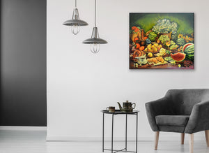 Still Life with Watermelon, Grapefruit, Pear, Croissant, Vase, Flowers, Cherry by Abdul Razzak Zaarur, Oil on Canvas